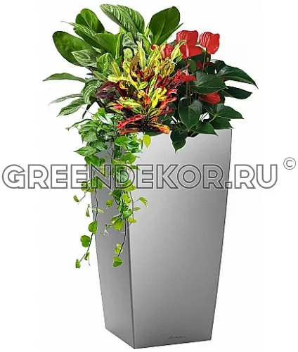 Композиция "Оранжевый микс" XXL в кашпо с автополивом LECHUZA Серебристый металлик высота  130 см